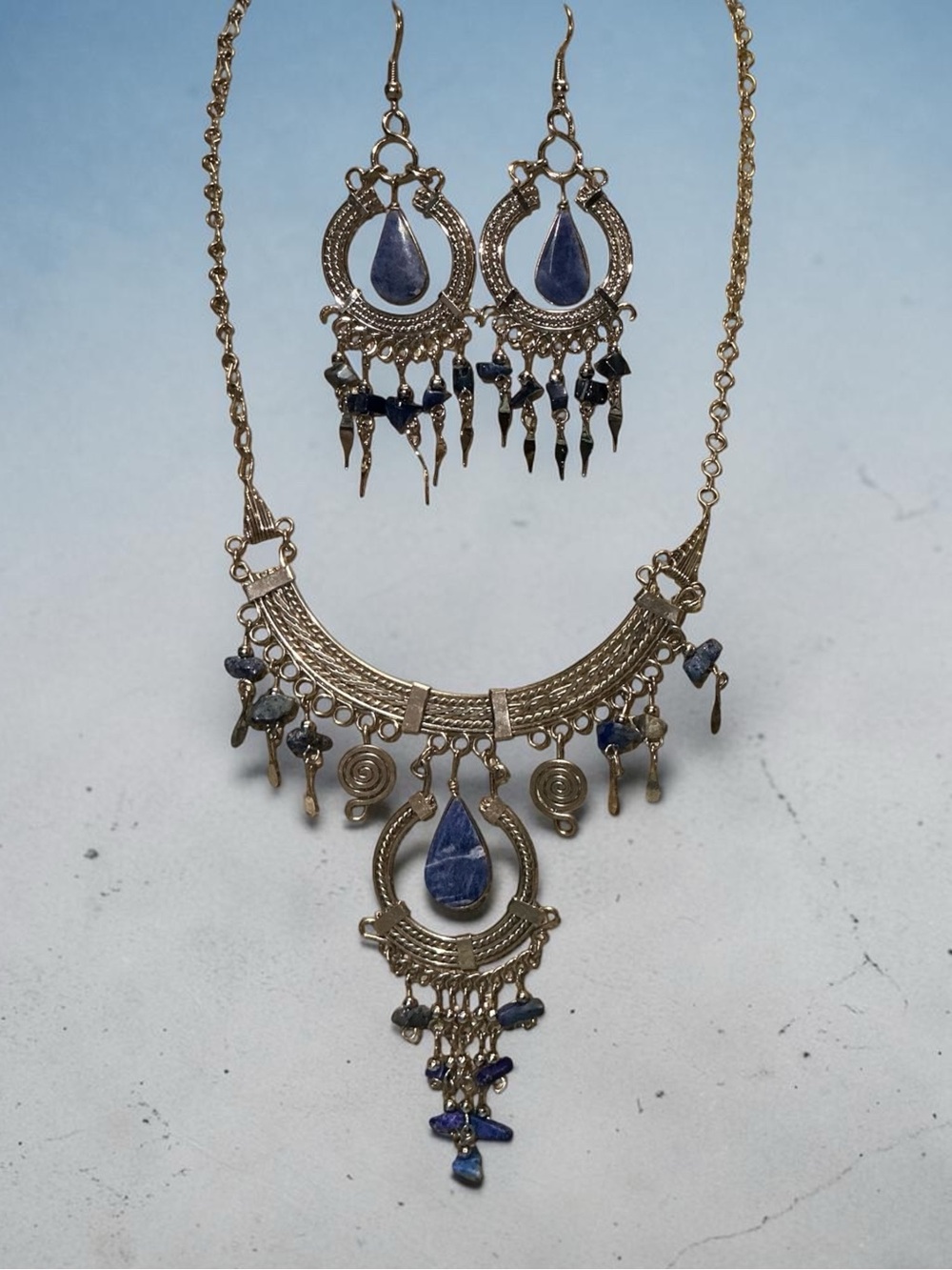 Vintage Peruvian Alpaca Silver Lapis Lazuli Bib Statement Necklace Earring